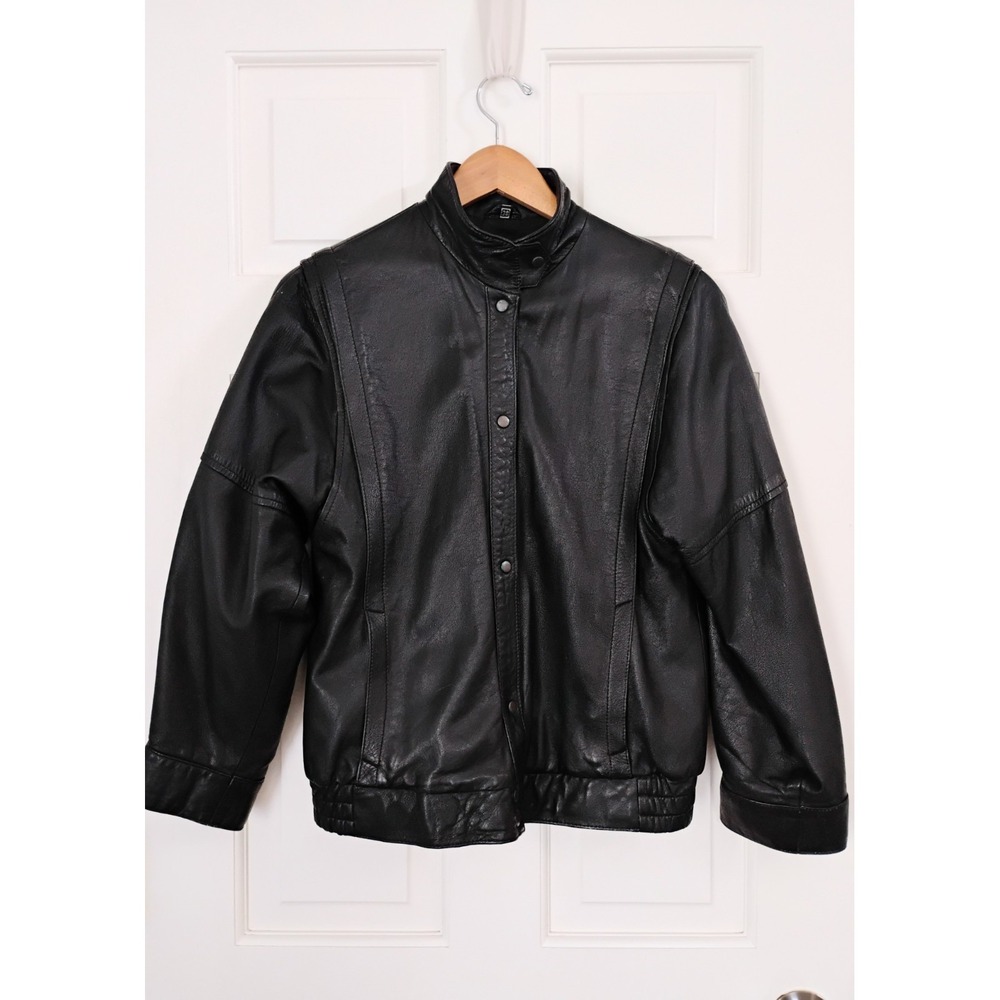 Vintage Echt Leder Leather Bomber Jacket 38 Black Snap Front Stand Collar